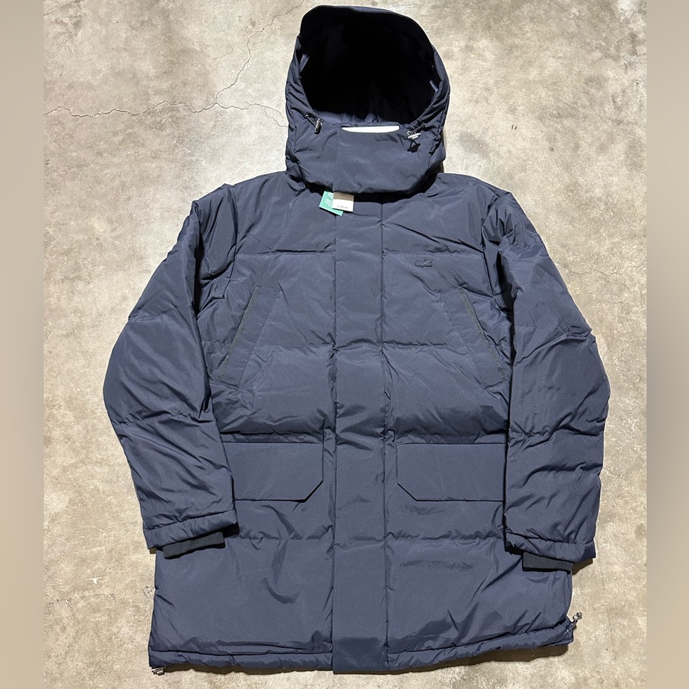 NWT Lacoste Down Parka Jacket Navy Blue Hood Long Insulated Mens